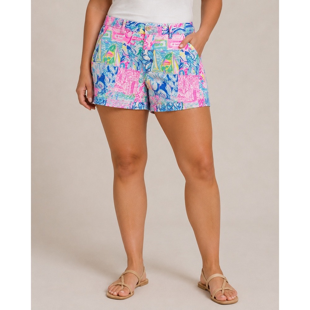 Lilly‎ Pulitzer Callahan Shorts Size 6 Pink Blue Patchwork Sailboat Seersucker